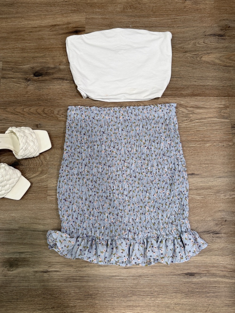 Smocked Mini Skirt with Ruffle Hem in Light Blue Floral